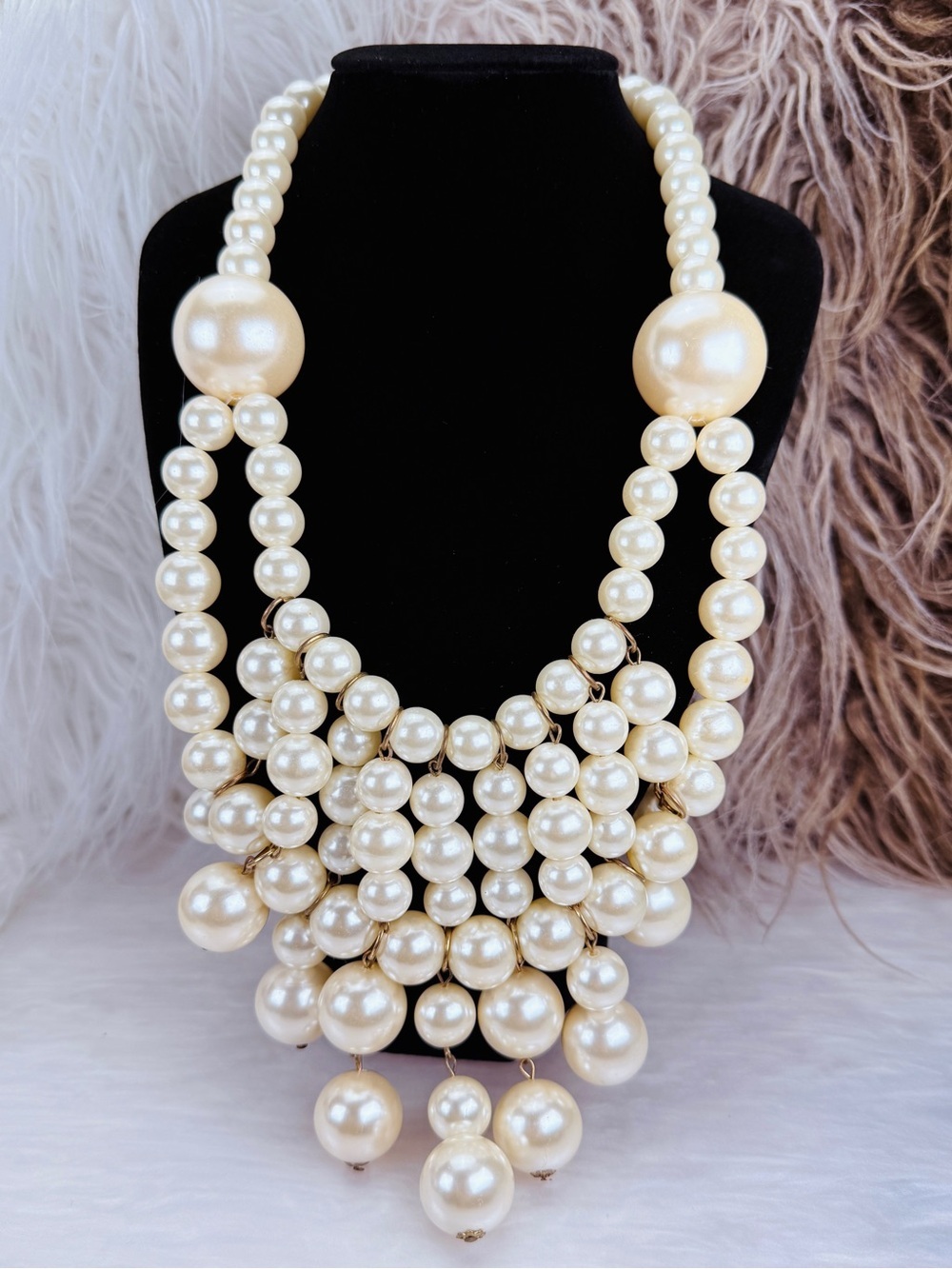 Creamy White Oversized Bead Cascade Bib Statement Necklace Maximalist Glam
